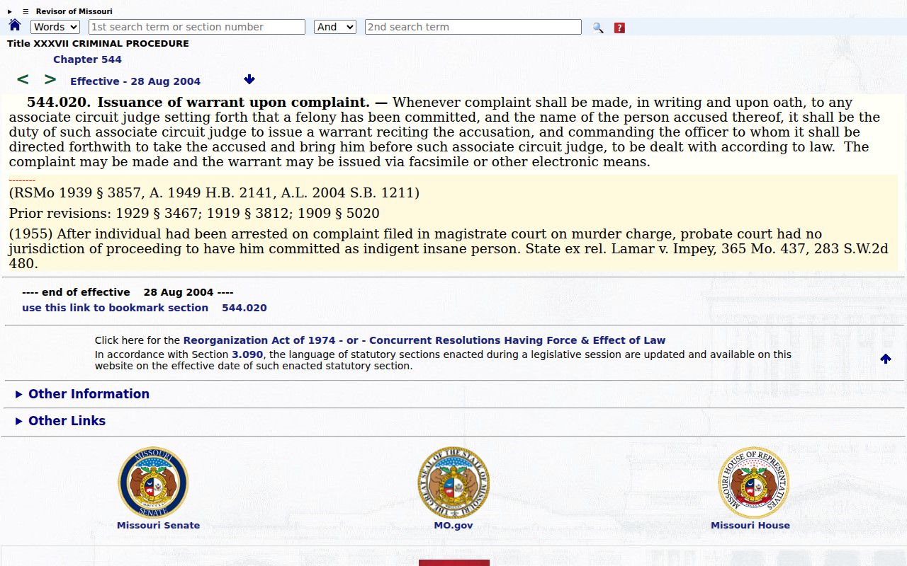 Missouri sworn complaint and arrest warrant statute
