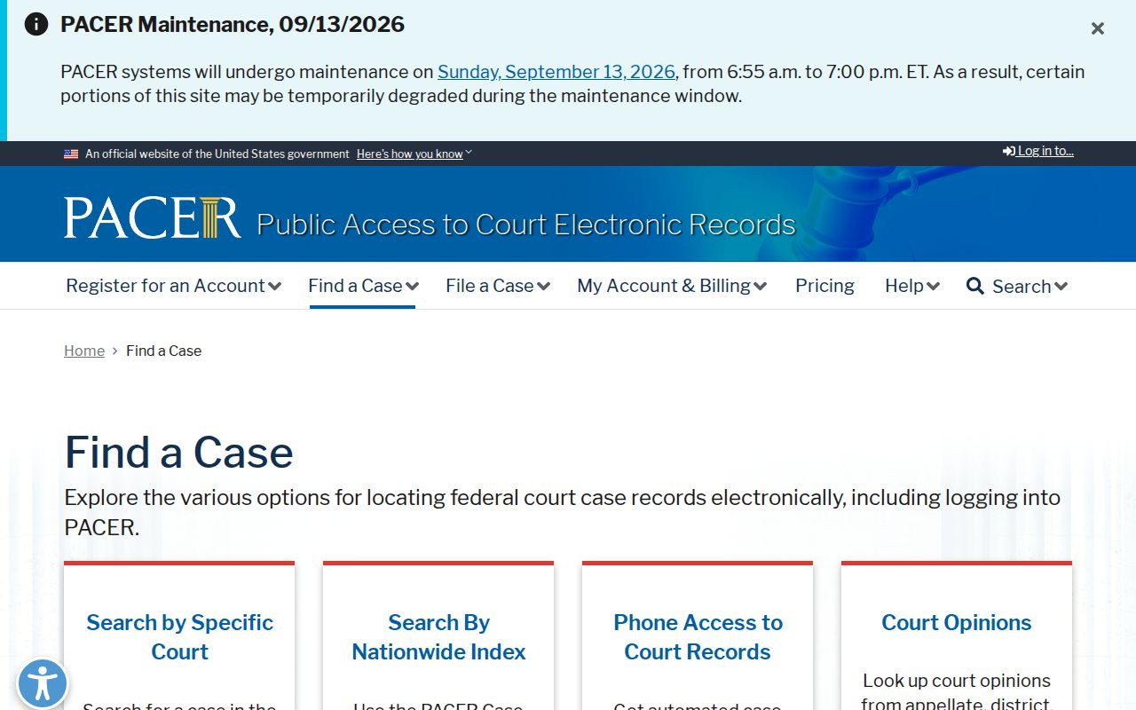 PACER federal case search options