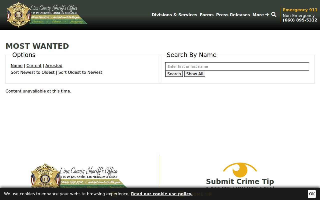 Linn County Sheriff Most Wanted program interface